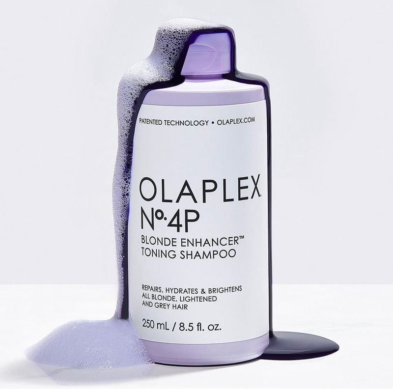 A bottle of Olaplex No.4P which helps neutralise yellow tones in blonde hair